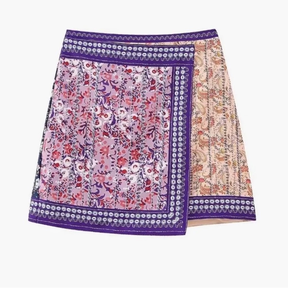 Commense Asymmetric Floral Purple and Tan Mini Skirt